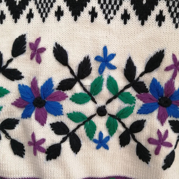 Vintage Embroidered Chunky Knit Sweater Norway Grandma Geometric Floral Medium - Picture 7 of 17